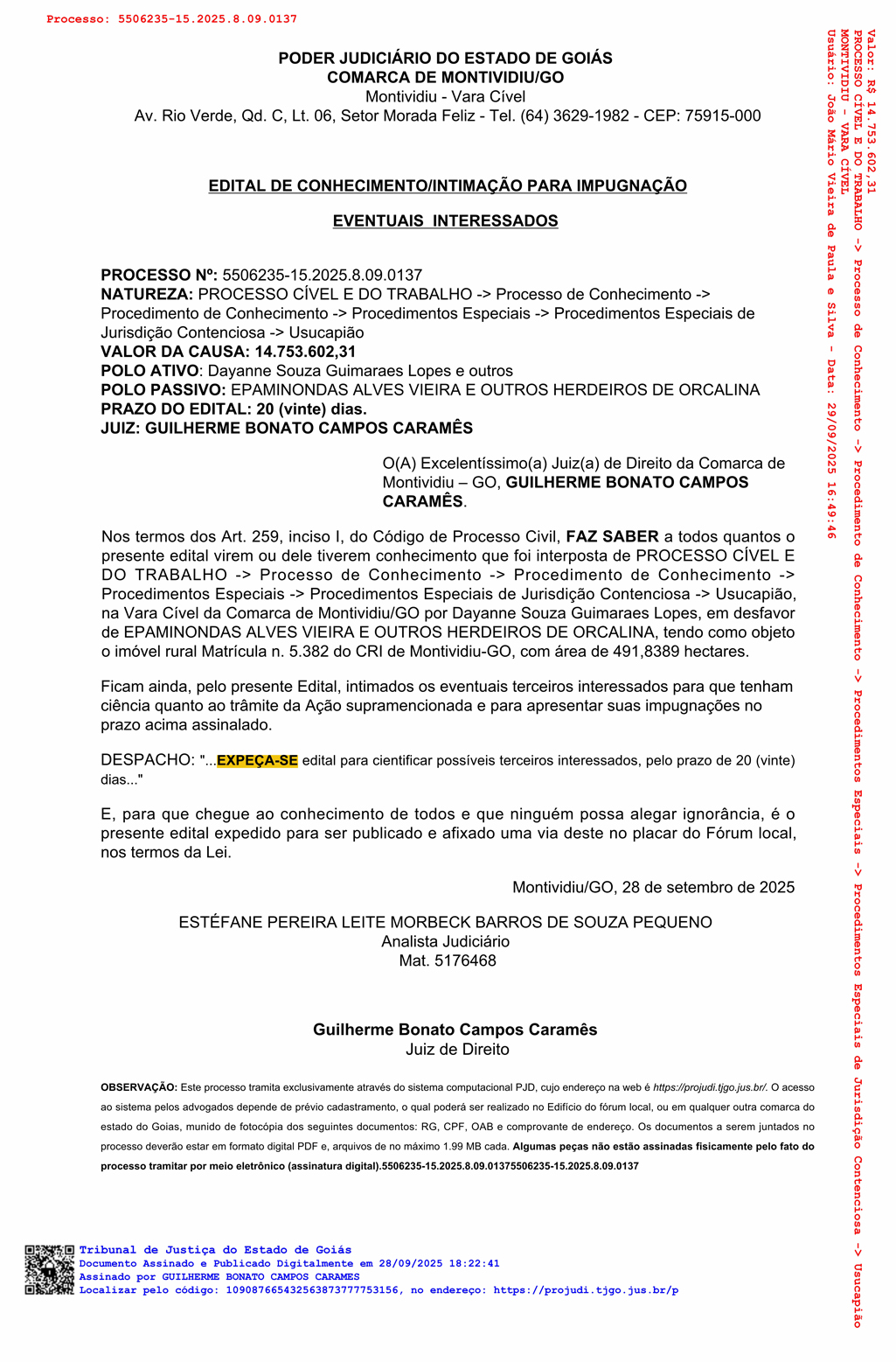 Edital de Conhecimento/Intimação para Impugnação Eventuais Interessados